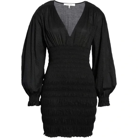 FRAME Denim V neck Smocked Long Sleeve Mini Dress Size Small Black NWT